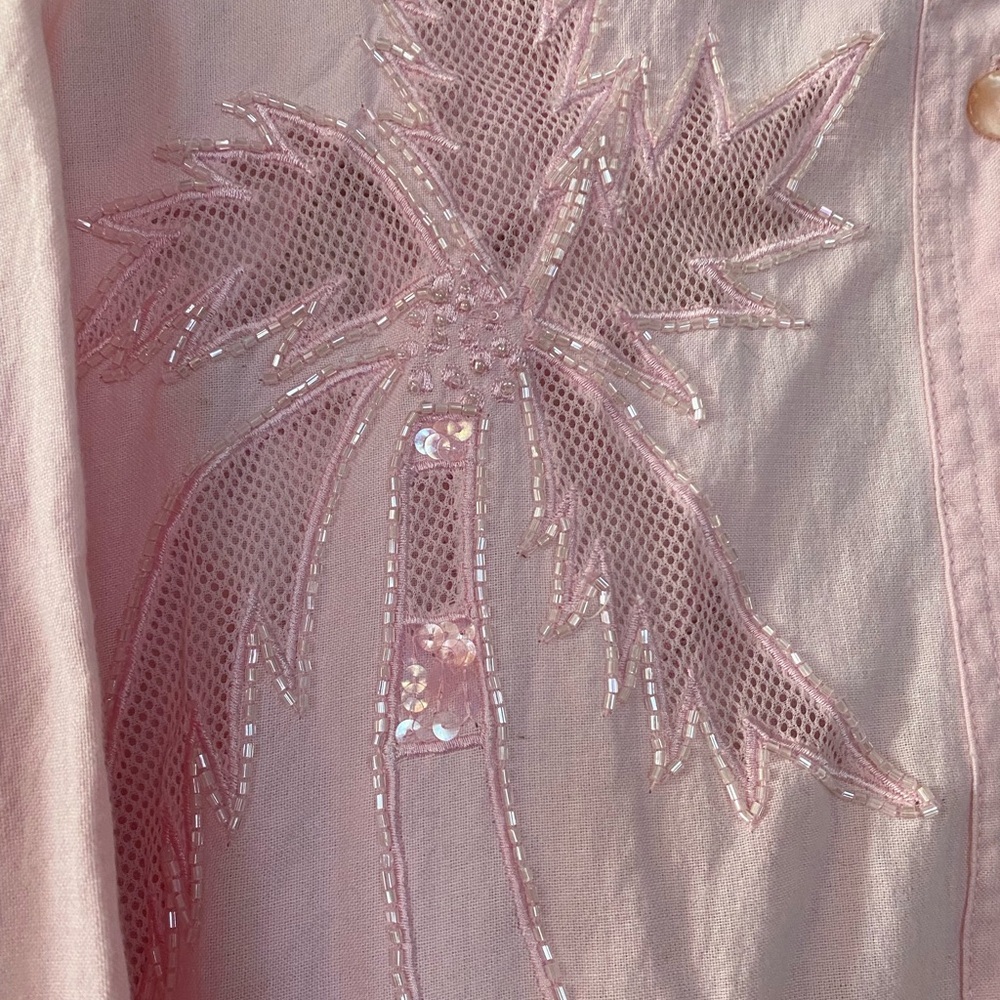 Quacker Factory Pink Palm Tree Sequin Button Up S… - image 5